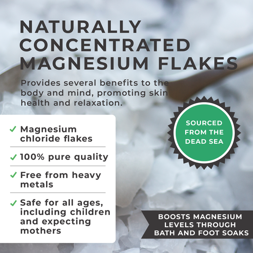 Close-up of magnesium flakes with text highlighting features of magnesium chloride flakes, pure quality, free from heavy metals, and suitable for all ages, with a badge stating sourced from the Dead Sea.