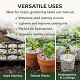 Perlite used for seed starting trays, potted plants and hydroponic cuttings, showing versatile gardening and propagation uses