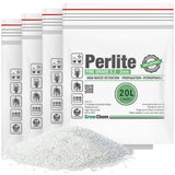 Grow Chem fine grade perlite 20 litre pack with four 5L bags and pile of perlite, suitable for potting mixes and hydroponics
