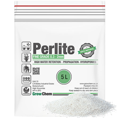 Grow Chem fine grade perlite 5 litre bag with white perlite granules, for seed starting, propagation and hydroponic growing